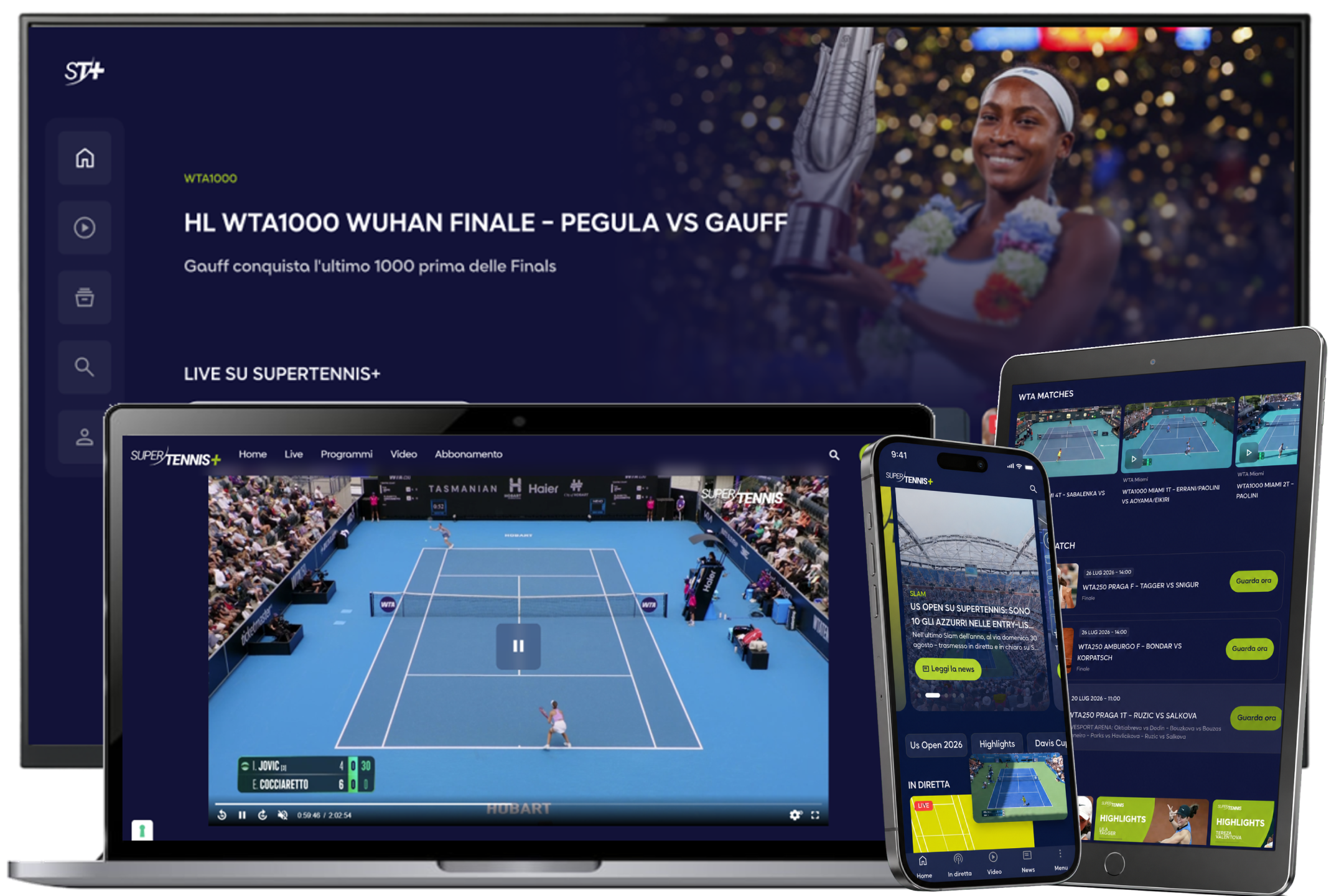 SuperTennis+ running on TV, laptop, tablet and phone