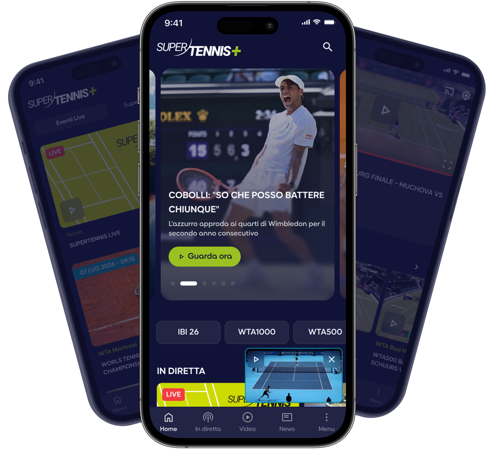 SuperTennis+ app running on three phones
